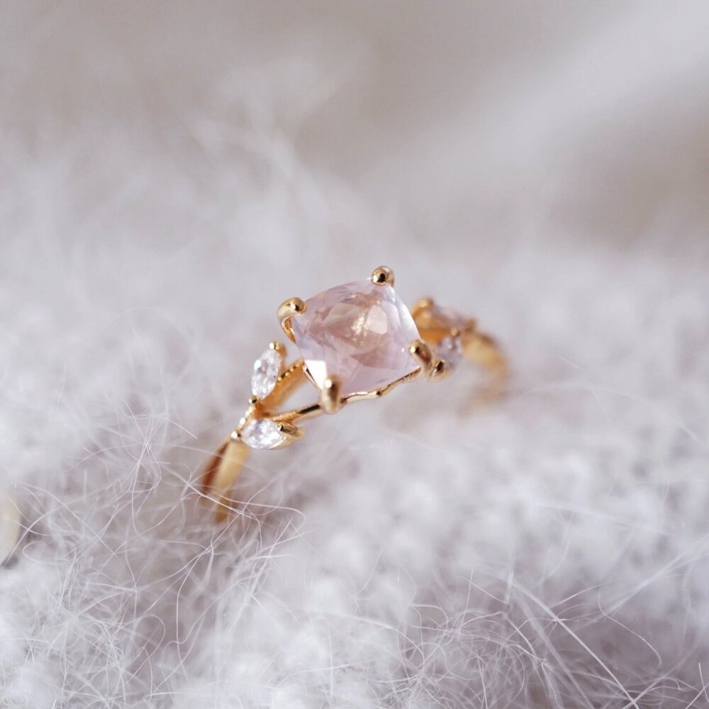 High quality clean Natural Rose Quartz Ring s925 sterling silver gold plated